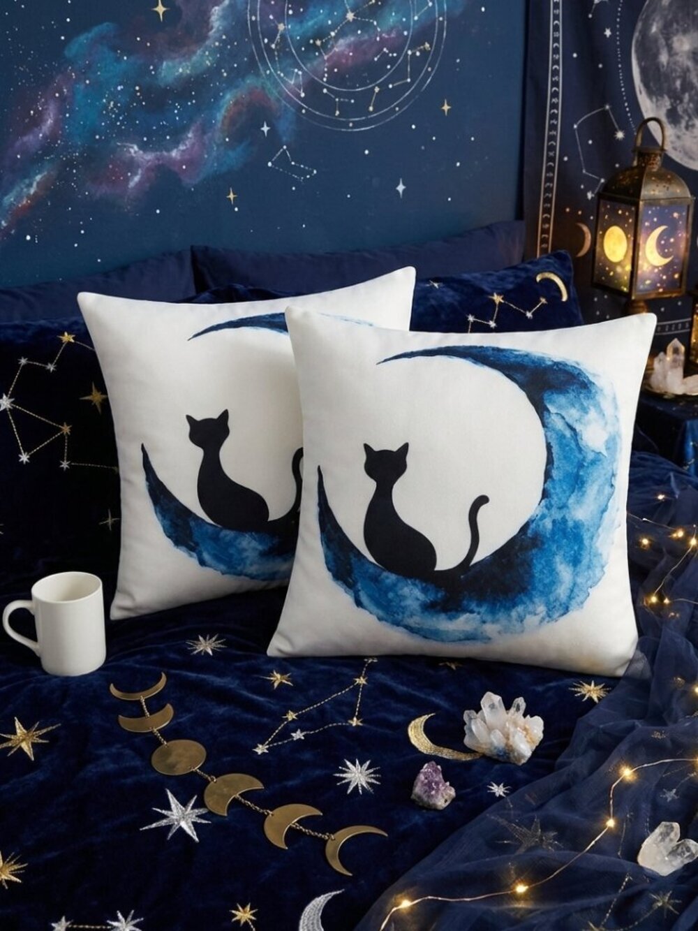 Set 2 Black Cat Blue Moon Watercolor Pillow Cushion Covers 18x18 Whimsigoth